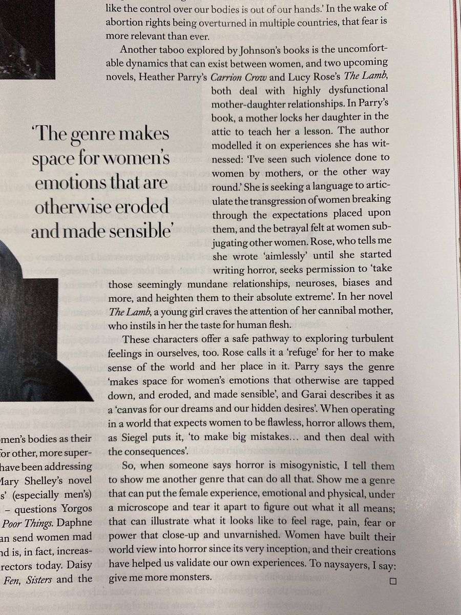 Love seeing @lucyrosecreates’s upcoming novel THE LAMB featured in <a href="/annabdemented/">Anna Bogutskaya</a>’s brilliant piece on the horror genre’s feminist renaissance for <a href="/BazaarUK/">BazaarUK</a> 🥩