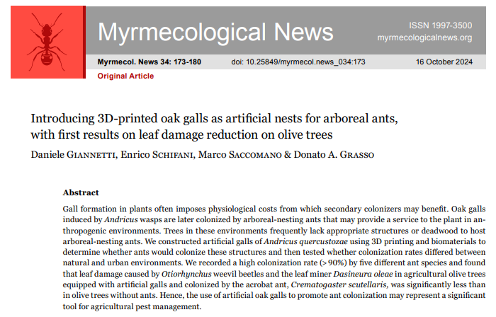 🆕Original Article:  Introducing 3D-printed oak galls as artificial nests for arboreal ants, with first results on leaf damage reduction on olive trees
Giannetti, D., Schifani, E., Saccomano, M. &amp; Grasso, D.A.
myrmecologicalnews.org/cms/index.php?…