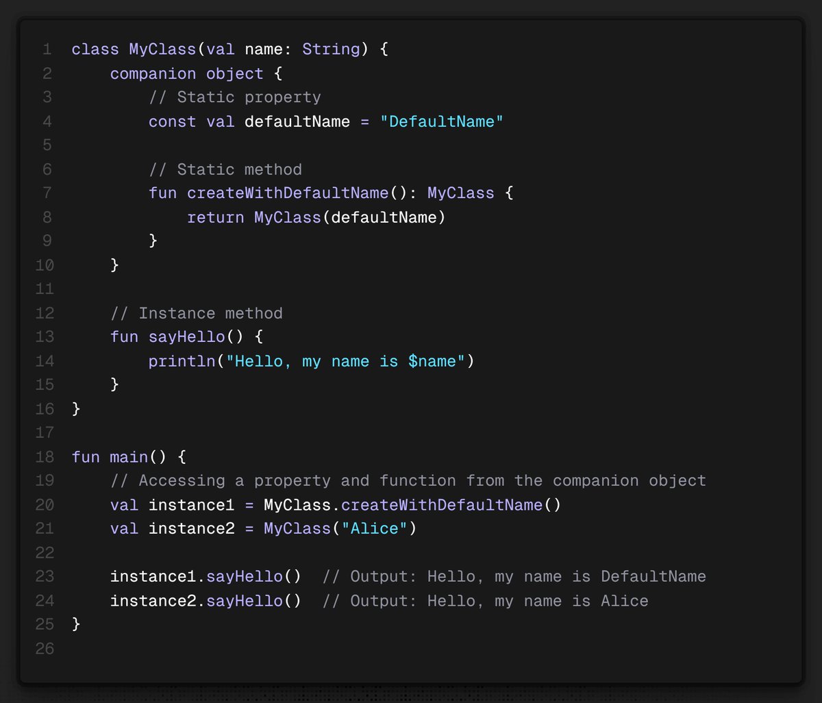 BRIJESHMORY's tweet image. Kotlin:
Use companion object for static members
Check out this example to see how you can define static members in Kotlin using a companion object.
Perfect for encapsulating class-related functionality!
#Kotlin #Programming #CodeSnippet