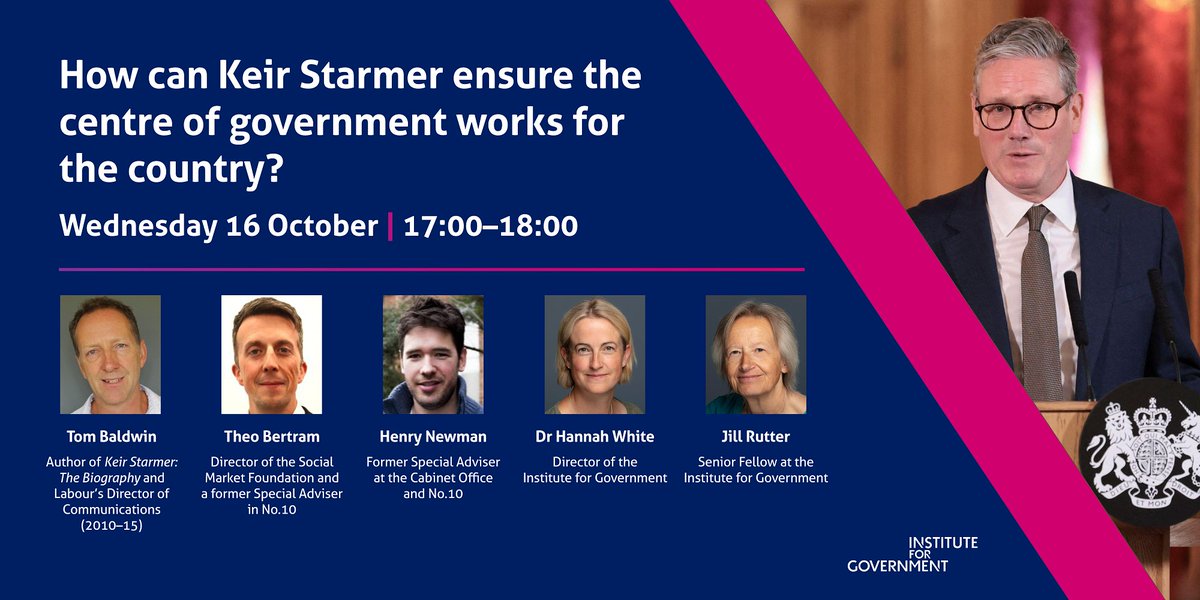 Institute for Government (@instituteforgov) on Twitter photo TODAY: Labour’s first 100 days have been marked by reports of conflict, dysfunction and delay at the centre.
Join us at 17:00 to explore what Keir Starmer needs to do to reset No.10, with <a href="/TomBaldwin66/">Tom Baldwin</a> <a href="/theobertram/">Theo Bertram</a> <a href="/HenryNewman/">Henry Newman</a> and <a href="/DrHannahWhite/">Hannah White</a>
instituteforgovernment.org.uk/event/keir-sta… TODAY: Labour’s first 100 days have been marked by reports of conflict, dysfunction and delay at the centre.
Join us at 17:00 to explore what Keir Starmer needs to do to reset No.10, with <a href="/TomBaldwin66/">Tom Baldwin</a> <a href="/theobertram/">Theo Bertram</a> <a href="/HenryNewman/">Henry Newman</a> and <a href="/DrHannahWhite/">Hannah White</a>
instituteforgovernment.org.uk/event/keir-sta…