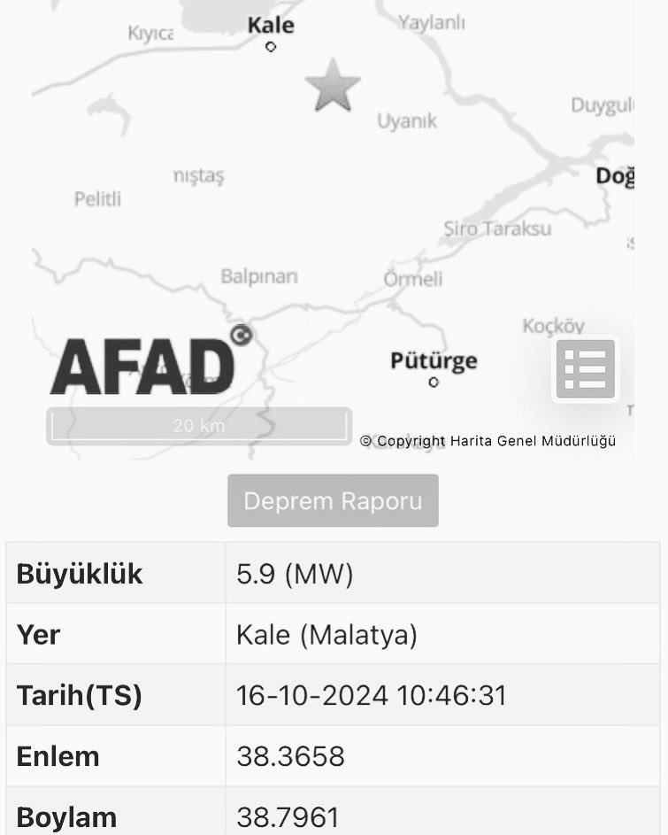 Merkez üssü Malatya’nın Kale ilçesi olan 5.9 büyüklüğünde depremi hisseden tüm vatandaşlarımıza geçmiş olsun diliyoruz. Can kaybının olmamasını temenni ediyoruz 🙏🏻

#deprem #malatya