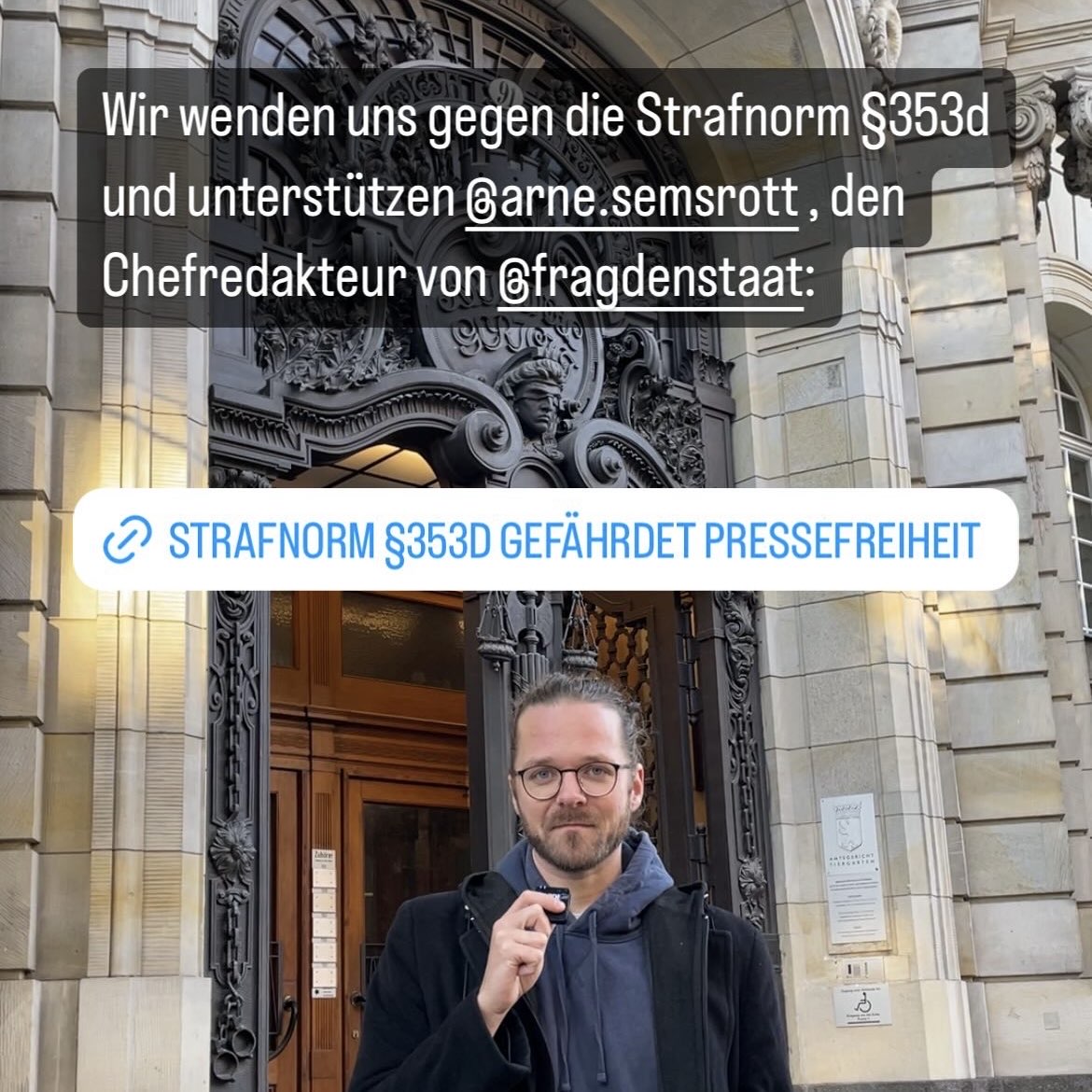 Wir wenden uns gegen die Strafnorm §353d und unterstützen Chefredakteur @arnesemsrott von <a href="/fragdenstaat/">FragDenStaat.de</a> – und verteidigen gemeinsam die #Pressefreiheit. Mehr zum Fall hier: freiheitsrechte.org/ueber-die-gff/…