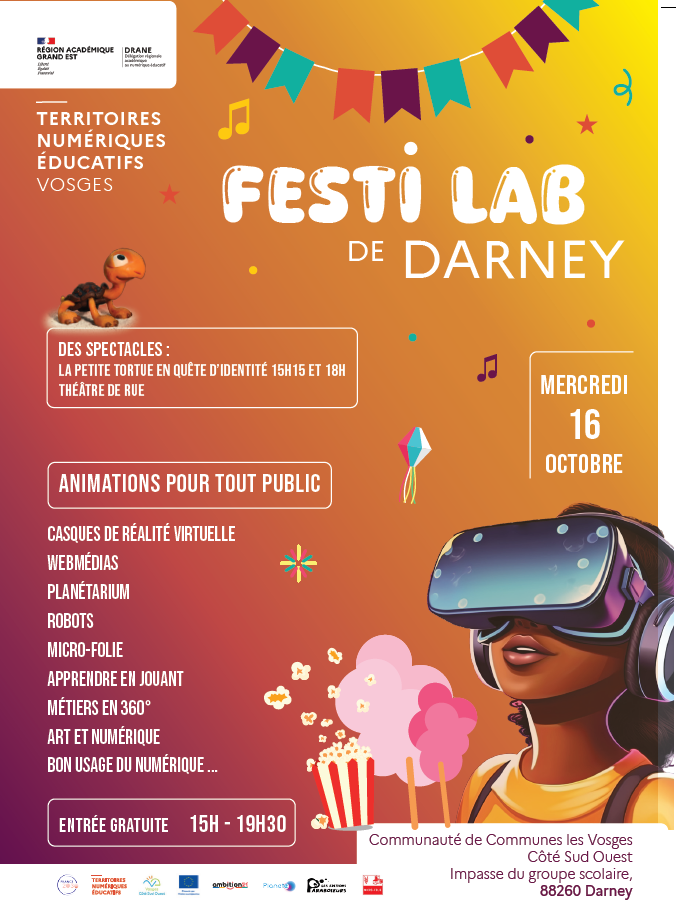 DarneyLab's tweet photo. -5h pour le FESTILAB à Darney @DarneyLab 🥳💻🛜
Parents, enfants, professeurs, public on vous attends nombreux dès 15h !👩💻
Spectacle🐢
Animations🤖👟
Planétarium💫
Casques VR
...
#CCVCSO #CD88 https://t.co/6Zeq8p7YpK