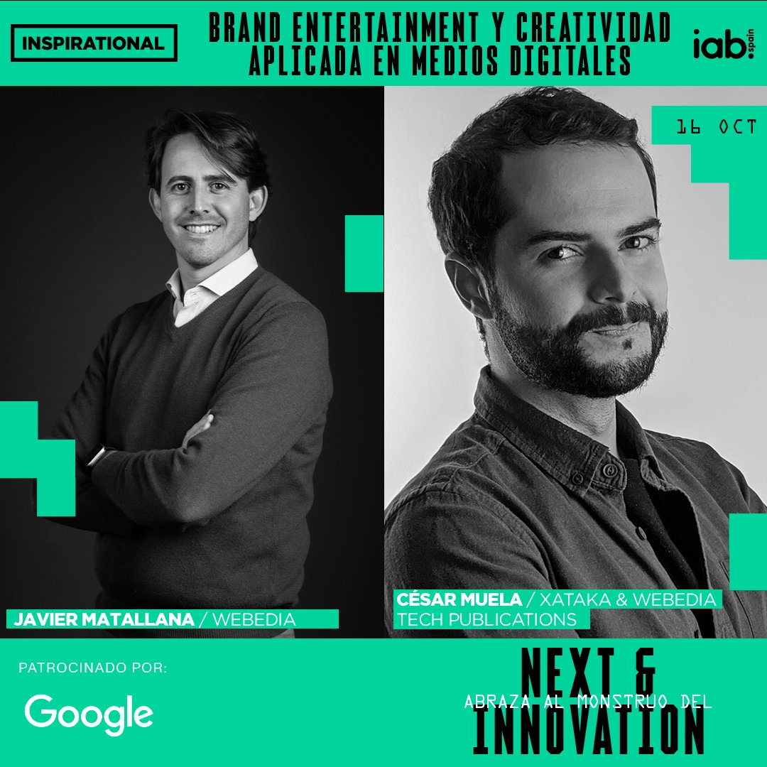 Webedia España (@webediaes) on Twitter photo En nada arrancamos con nuestra Ponencia en los #Inspirational24 de la mano de <a href="/JMATALLANA/">Javier Matallana</a> y <a href="/cesarmuela/">César Muela</a> para hablar de Brand Entertainment y creatividad aplicada en medios digitales en las jornadas de <a href="/IAB_Spain/">IAB Spain</a>. Hablaremos de Xataka y casos como el de HONOR. ¡No os lo perdáis! En nada arrancamos con nuestra Ponencia en los #Inspirational24 de la mano de <a href="/JMATALLANA/">Javier Matallana</a> y <a href="/cesarmuela/">César Muela</a> para hablar de Brand Entertainment y creatividad aplicada en medios digitales en las jornadas de <a href="/IAB_Spain/">IAB Spain</a>. Hablaremos de Xataka y casos como el de HONOR. ¡No os lo perdáis!
