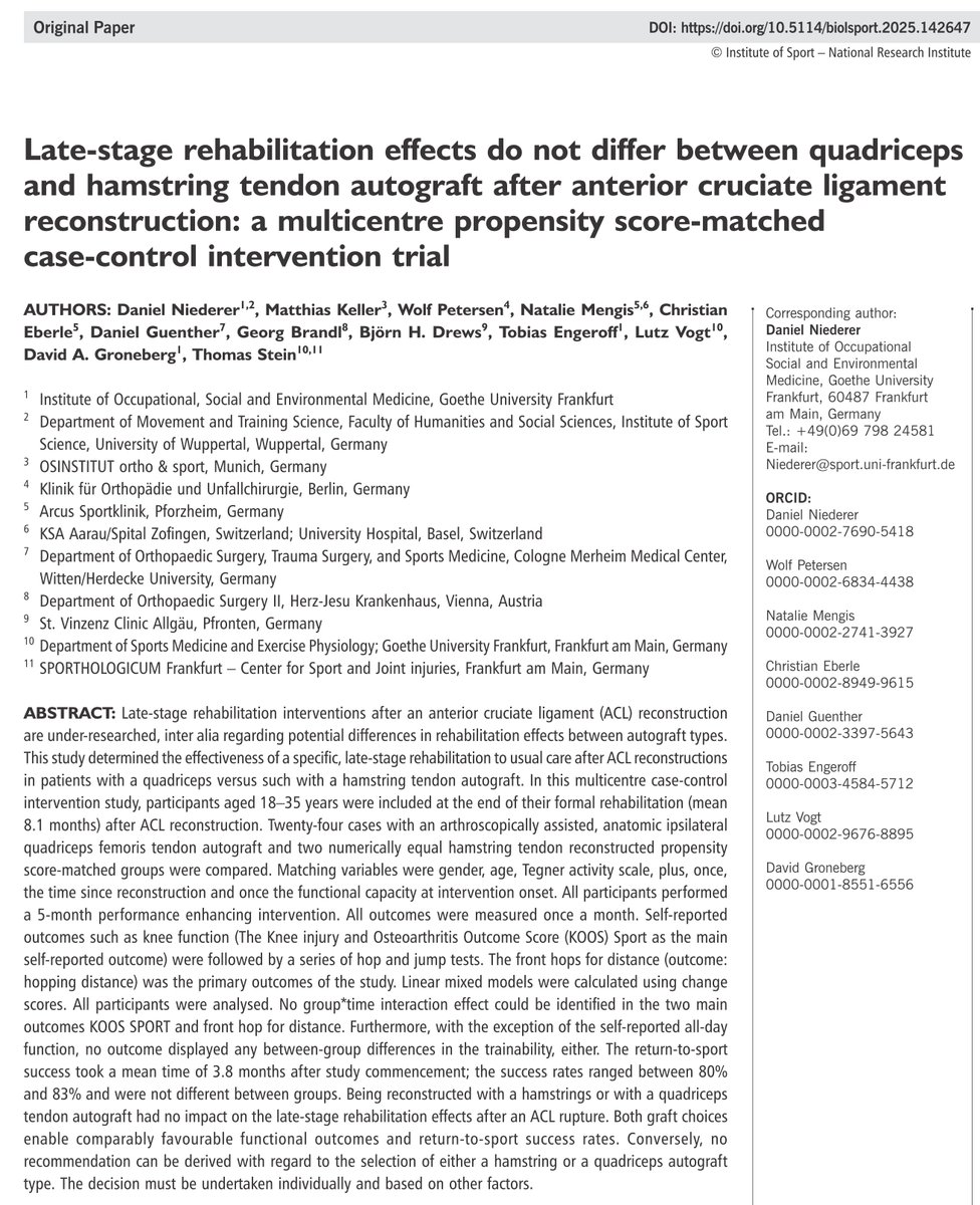 BiolSport's tweet photo. This study determined the effectiveness of specific, late-stage rehabilitation to usual care after #ACL reconstructions in patients with a quadriceps versus such with a hamstring tendon autograft.
✍️Daniel Niederer et al. 🇩🇪🇦🇹🇨🇭
🔓#OpenAccess🔗https://t.co/WpmzhYrb25 https://t.co/kVCGqXwBCP