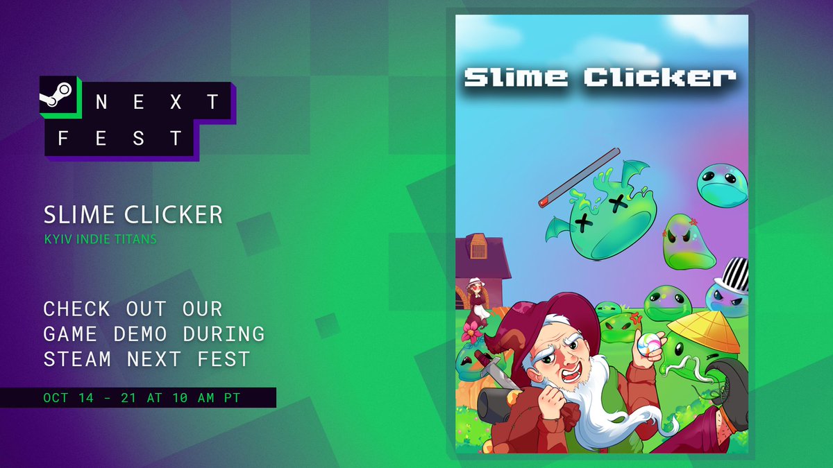 KyivIndie's tweet image. My game &apos;Slime Clicker&apos; is taking part in Steam Next Fest! Check out the free demo of this hardcore adventure clicker!

#SteamDemo #NextFest #IndieGame
