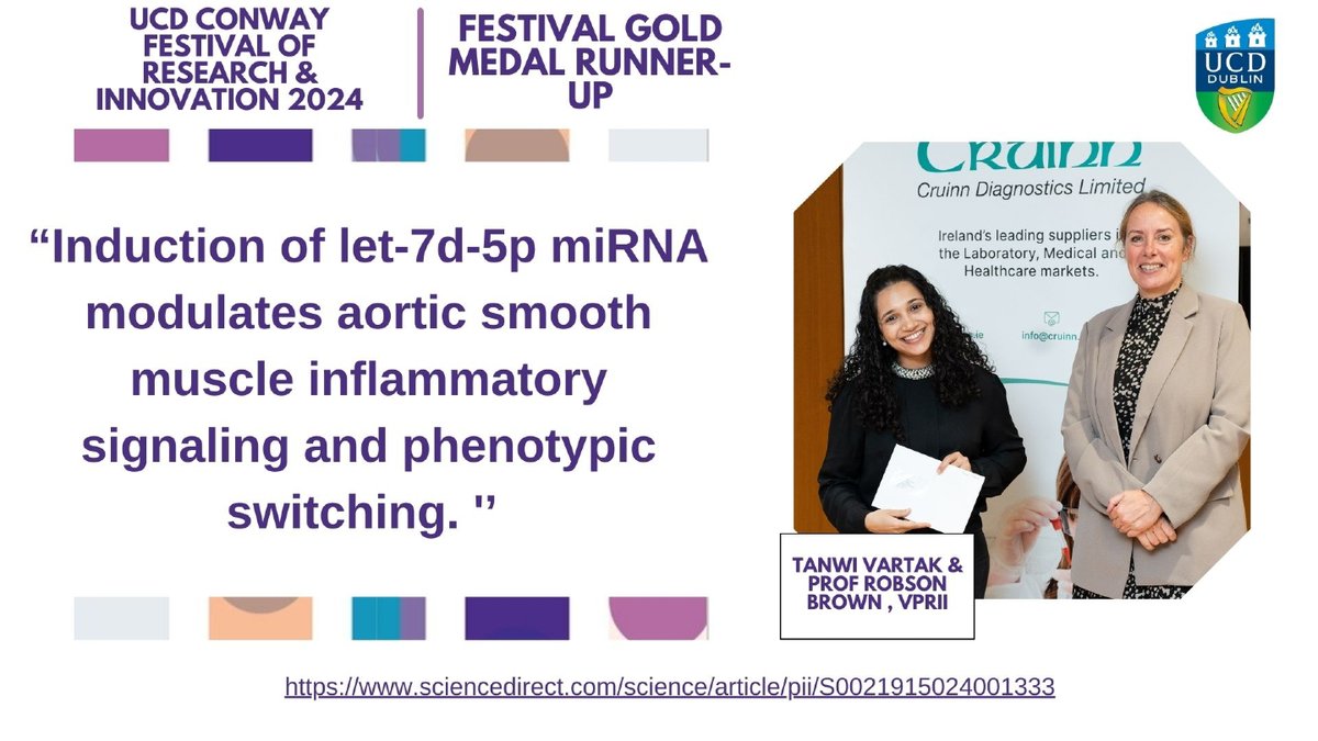 UCD Conway Institute (@ucd_conway) on Twitter photo Congrats to Gold Medal Runner Up <a href="/tanwi_vartak/">Tanwi Vartak</a> 👏🎉 Her study investigates let-7d-5p miRNA, which plays a crucial role in regulating aortic smooth muscle inflammation in atherosclerosis. 🚨 #Atherosclerosis #CardioResearch #miRNA #conwayfest24 Congrats to Gold Medal Runner Up <a href="/tanwi_vartak/">Tanwi Vartak</a> 👏🎉 Her study investigates let-7d-5p miRNA, which plays a crucial role in regulating aortic smooth muscle inflammation in atherosclerosis. 🚨 #Atherosclerosis #CardioResearch #miRNA #conwayfest24