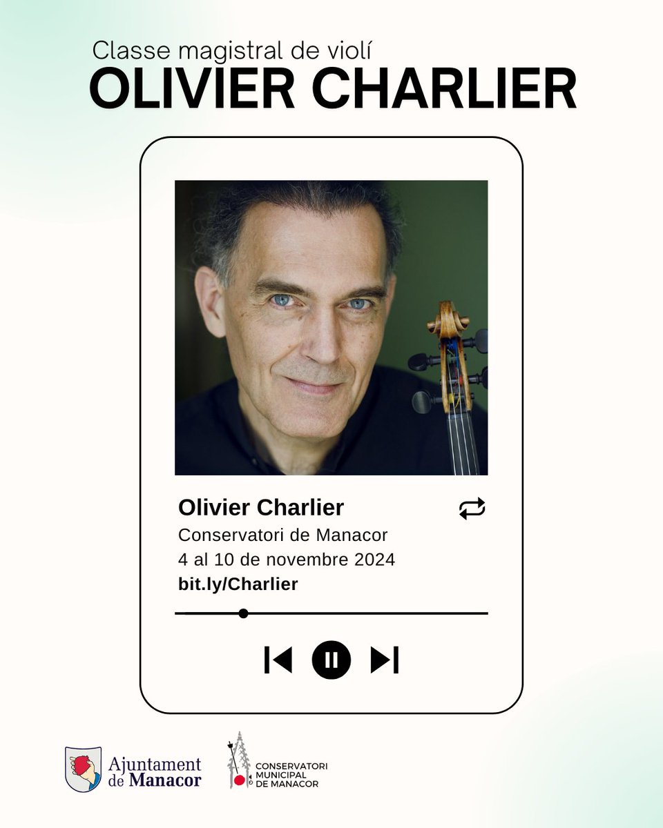 🎻 L'il·lustre violinista estarà al Conservatori de Manacor del 4 al 10 de novembre impartint classes magistrals de violí. A més, l'1 de novembre oferirà un concert al Convent de Manacor amb <a href="/OCMallorca/">Orquestra de Cambra de Mallorca</a>
+ info:  bit.ly/Charlier
#ConservatoriDeManacor #Masterclass #Violi