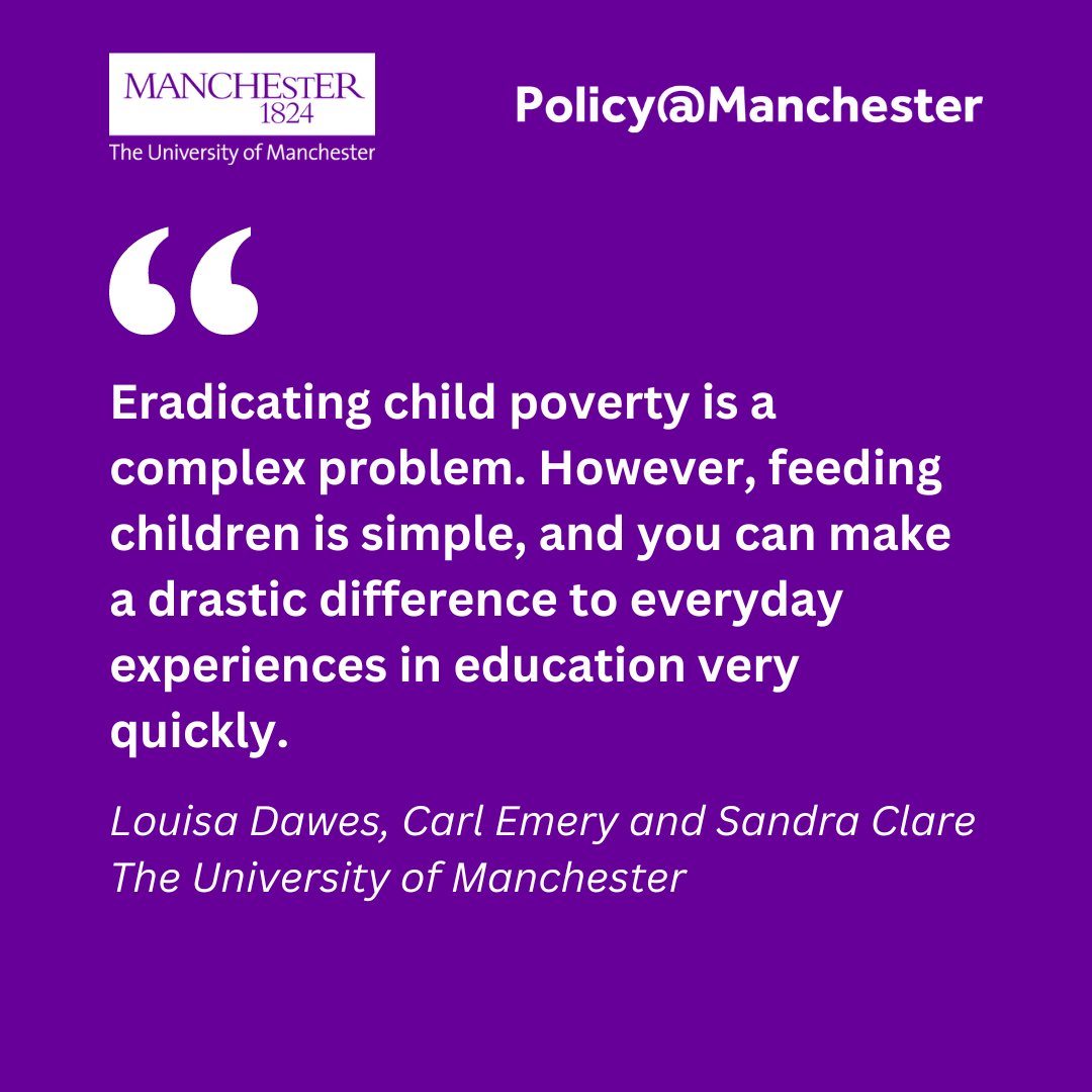 🥣 Eligible children are missing out on free school meals, totalling at least 900,000 children. 

🏫 In their new article, Louisa Dawes, Carl Emery and Sandra Clare discuss  the importance of a universal approach to free school meals.

🔗 Read here: blog.policy.manchester.ac.uk/posts/2024/10/…