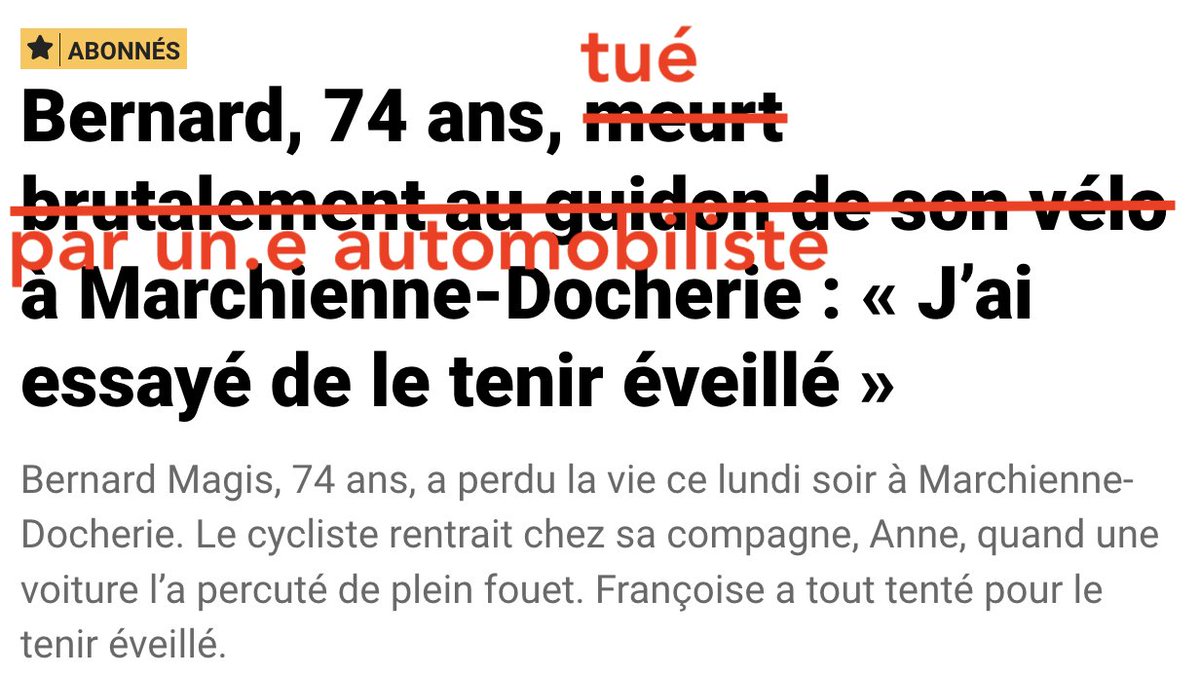 alechat1's tweet image. .
@sudinfo_be  J'ai corrigé votre titre qui était indigne...

A lire votre titre, Bernard est mort après avoir fait un malaise tout seul, alors qu'il a été tué par un.e automobiliste.

Vous devriez avoir honte d'écrire des titres pareils.
sudinfo.be/id899166/artic…