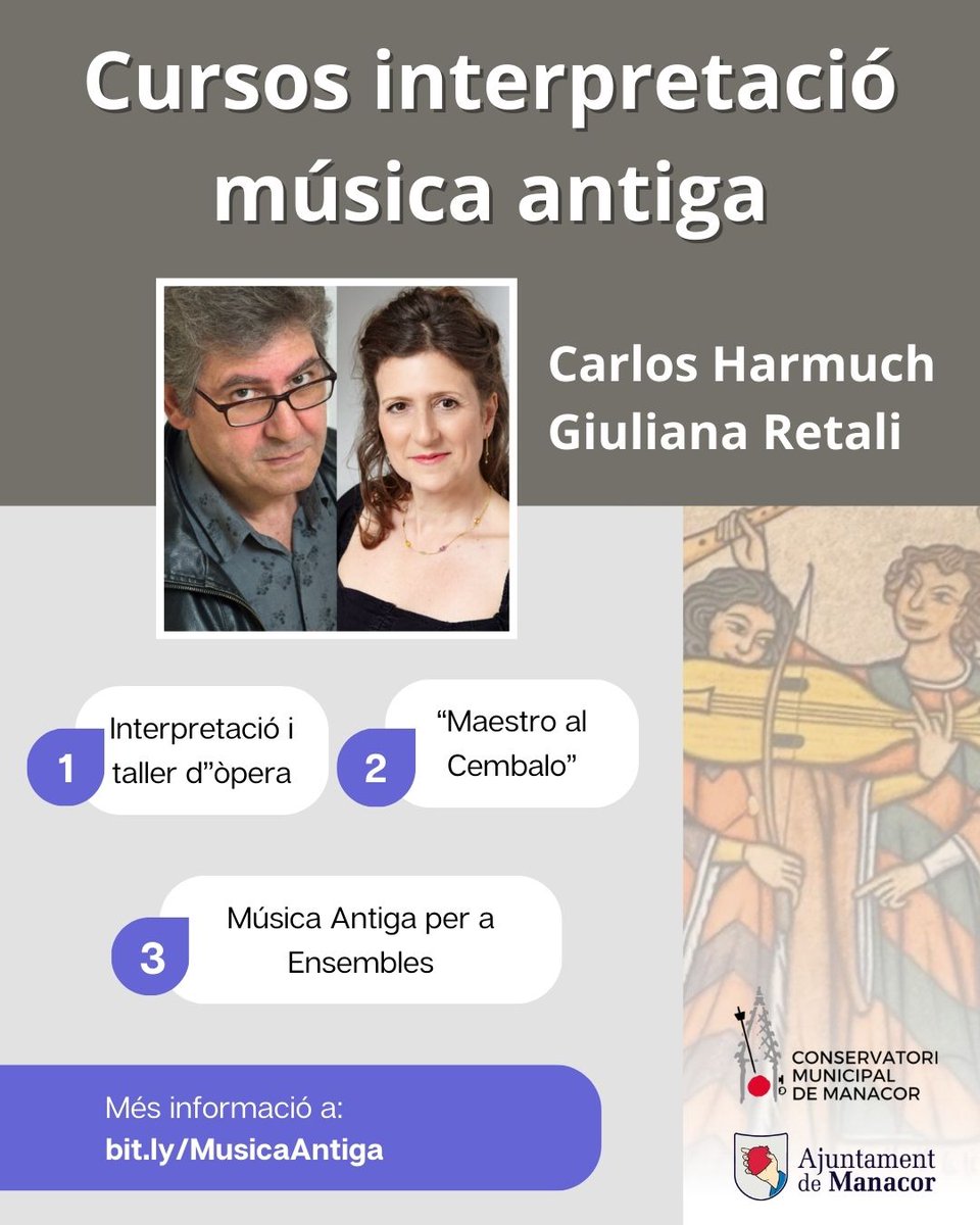 1️⃣ Curs d'Òpera per cantants avançats, amb Giuliana Retali i Carlos Harmuch.
2️⃣ Maestro al Cembalo per clavecinistes avançats.
3️⃣ Ensembles de Música Antiga.
Inscripcions obertes! + info a: bit.ly/MusicaAntiga