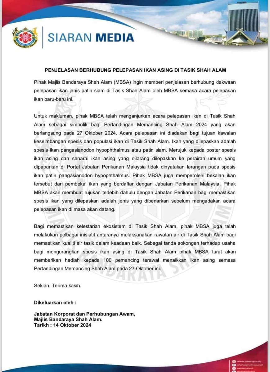 chairmanGLC's tweet photo. Memalukan aje MBSA ni lepaskan spesies ikan pendatang walaupun tujuan pertandingan memancing. Lepas tu keluar statement cover line. https://t.co/uOuvtn5WeI