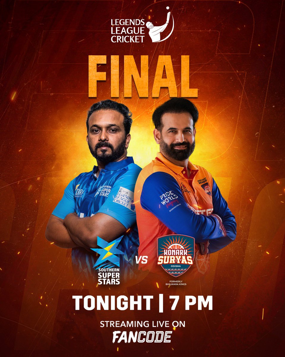 FanCode's tweet photo. The stage is set for the legends to show their 𝑱𝒂𝒍𝒘𝒂 when it matters the most! ✨
Catch all the action from the #LLCT20 Final tonight at 7 PM, LIVE on #FanCode!
#LLCT20onFanCode https://t.co/POtFvur58J