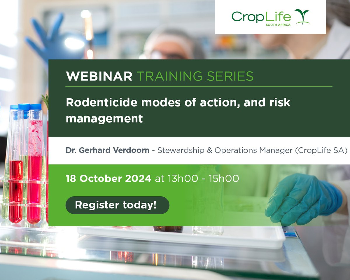 ‼️ REMINDER TO REGISTER ‼️
📽️Rodenticide modes of action, toxicology and risk management by Dr Gerhard Verdoorn
📅18 October 2024
🕐13h00
✍️Register here: events.teams.microsoft.com/event/2c090068…
