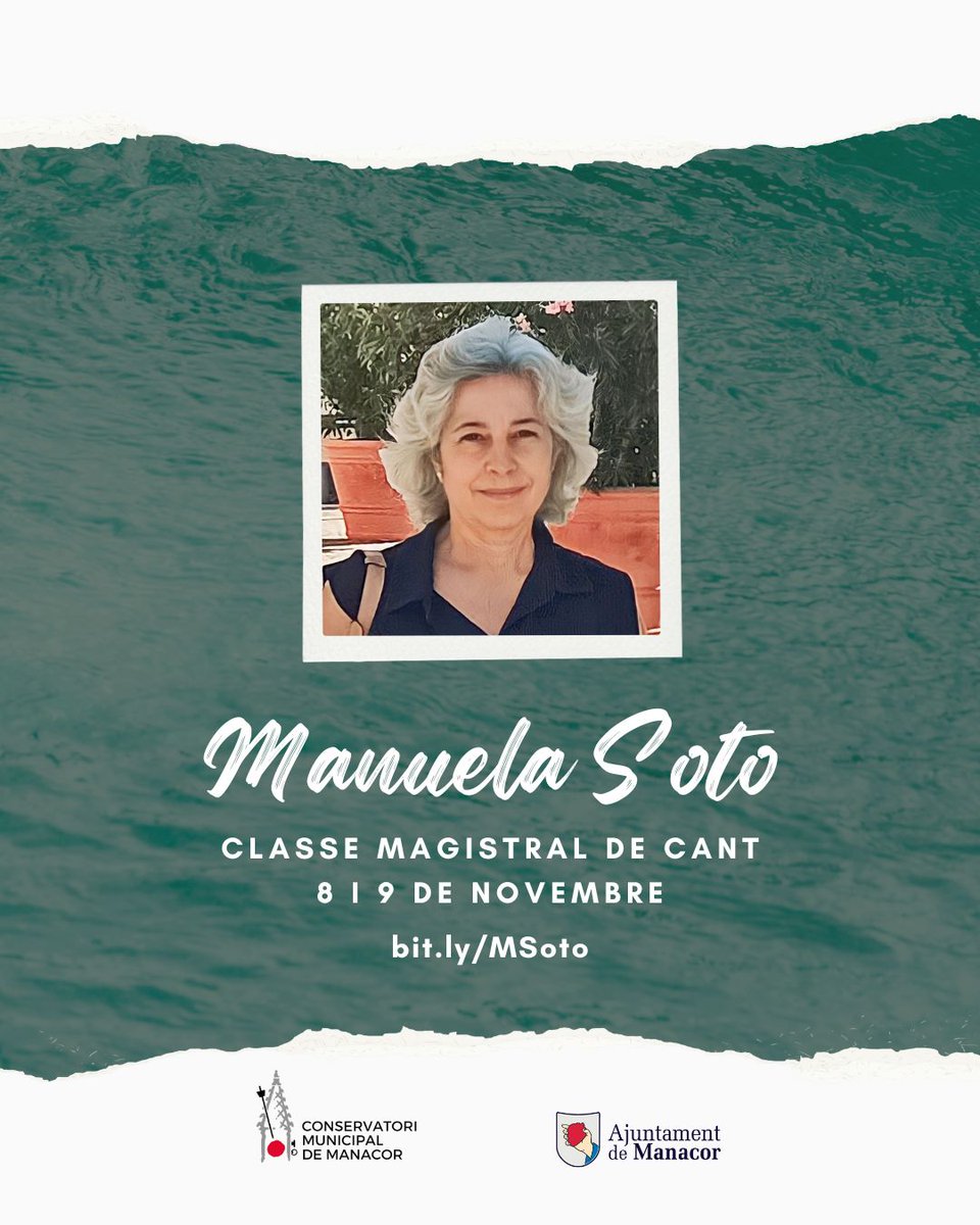 🎤 Manuela Soto, professora de cant a la Hochschule für Musik de Stuttgart, impartirà classes magistrals al Conservatori de Manacor els dies 8 i 9 de novembre!
+ info: bit.ly/MSoto
#ConservatoriDeManacor #Masterclass #Cant