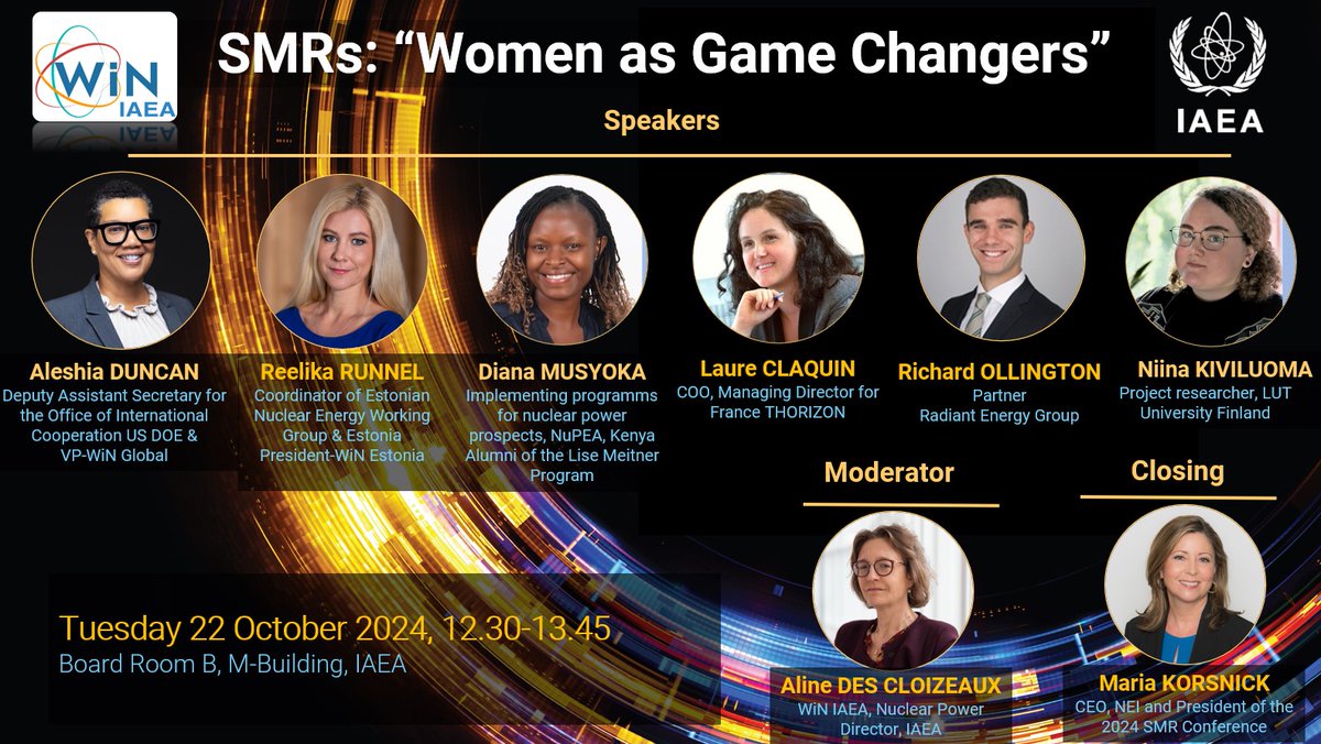 Join us next week for our event SMRs: "Women as Game Changers", to learn how new technologies could close the gender gap and impact the lives of women around the world.  

🗓️Tuesday, 22 Oct. 2024  
⏲️12:30 – 13:45 (CET)  
🏨 M-Bldg, Board Room B, VIC

#SDG5 #SMR #IAEA #nuclear