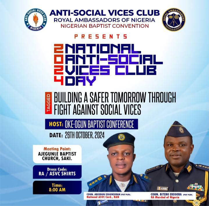 RAokeogun's tweet photo. National Anti-Social Vices Club day is almost here! Pray, as you plan to attend.
#Baptistfamily
#okeogunra
#NigerianBaptistConvention
#ProudlyBaptist
#RoyalAmbassador
#Antisocialvicesclub
#RAN https://t.co/PwKv9EgDjS