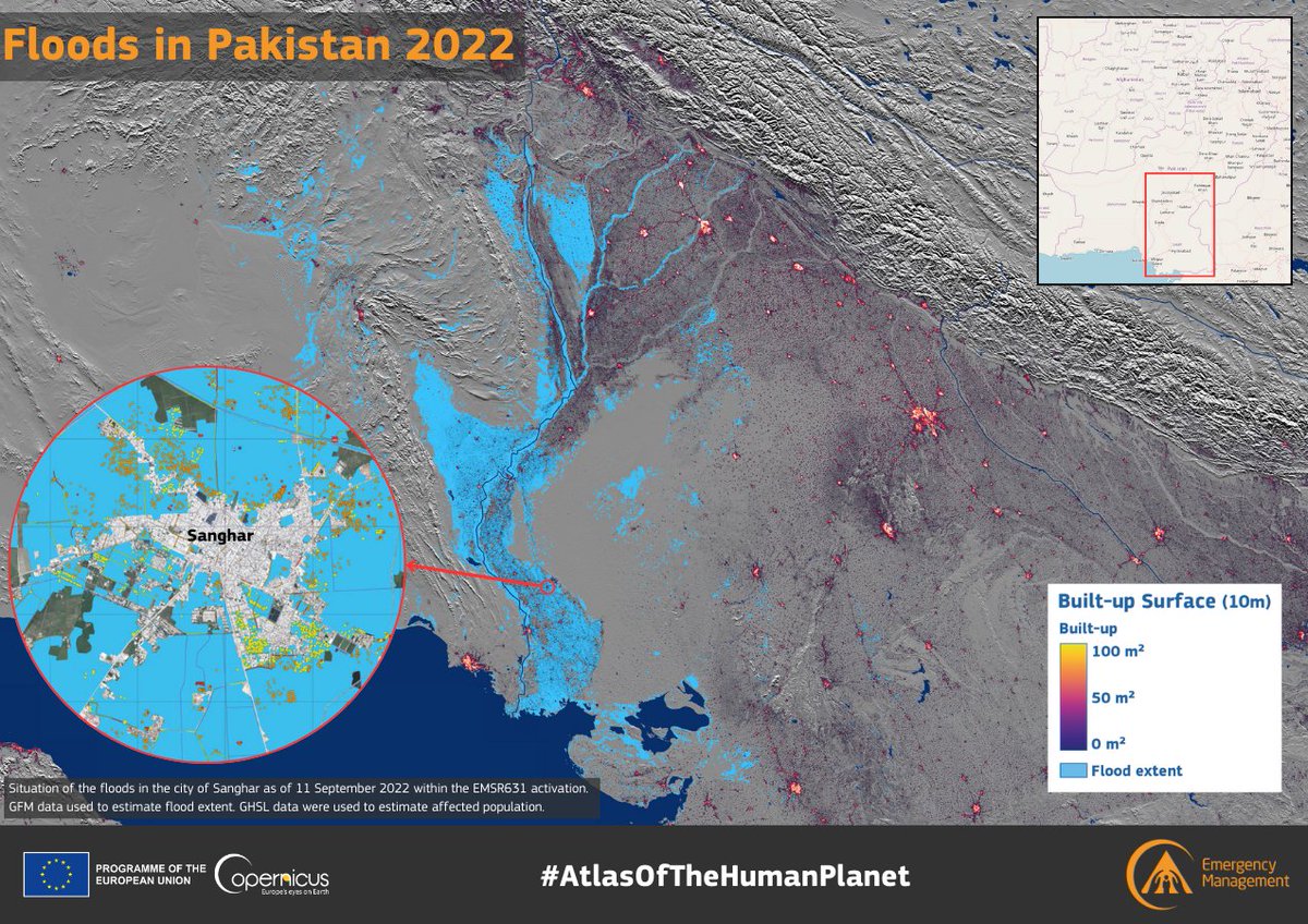 #DYK that our #GHSL 🛰️🧑‍🤝‍🧑 data is key to disaster management❓

Understanding where people live is important to support emergency response and mitigation strategies

🔽 In 2022, GHSL data was used to estimate the population affected by #floods 🌊 in #Pakistan 🇵🇰