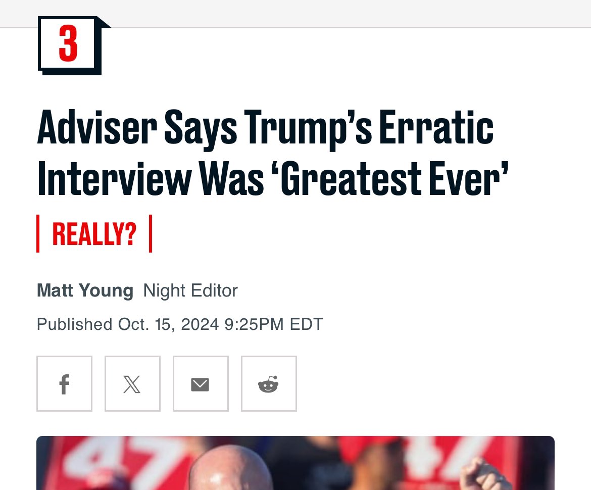 You cover this, “Adviser Says Trump’s Erratic Interview Was ‘Greatest Ever’” then put “really?” underneath it like you haven’t learned anything about covering these maniacs in 8 years, <a href="/thedailybeast/">The Daily Beast</a>. Get serious or don’t expect to be taken seriously.