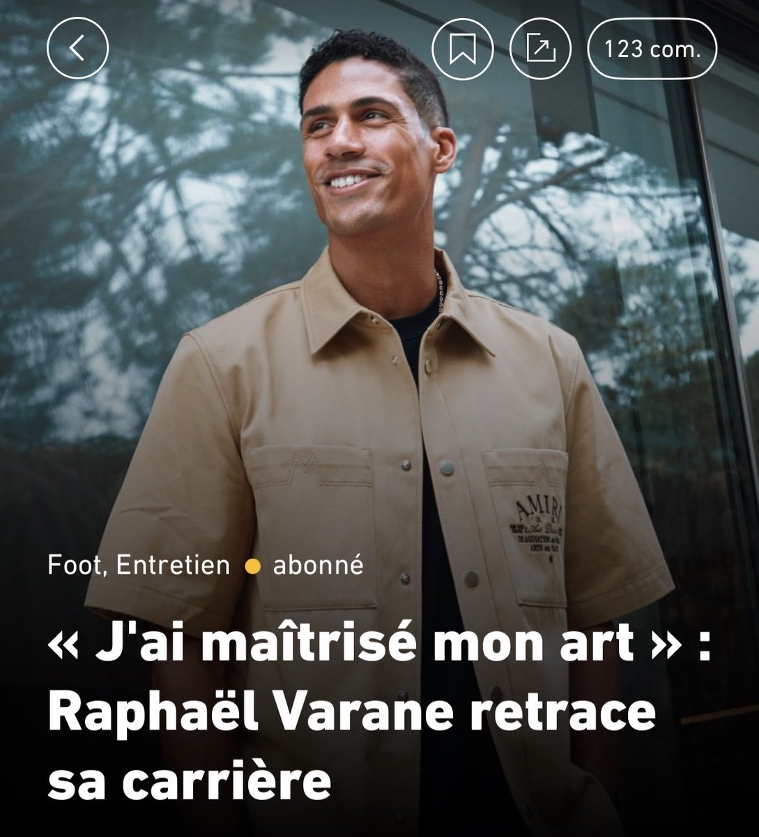 Scipionista's tweet image. Raphaël Varane sans filtre qui revient sur ses accomplissements, ses blessures, l’EDF et sa vision d’un sport qui n’évolue pas dans le bon sens : ça donne une interview pertinente d’une rare intelligence 

L’étoffe d’un futur grand dirigeant 

lequipe.fr/Football/Artic…
