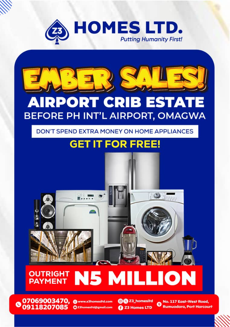Z3_homesltd's tweet photo. EMBER SALES PROMO!
Why make extra expenses on buying appliances when you can get it FOR FREE
Z3 HOMES LTD. is offering a huge discount on her AIRPORT CRIB ESTATE & it comes with free home appliance when you make an OUTRIGHT PAYMENT of #5 MILLION Naira..
#z3homesltd #embersales https://t.co/iuTw3ZRIjt