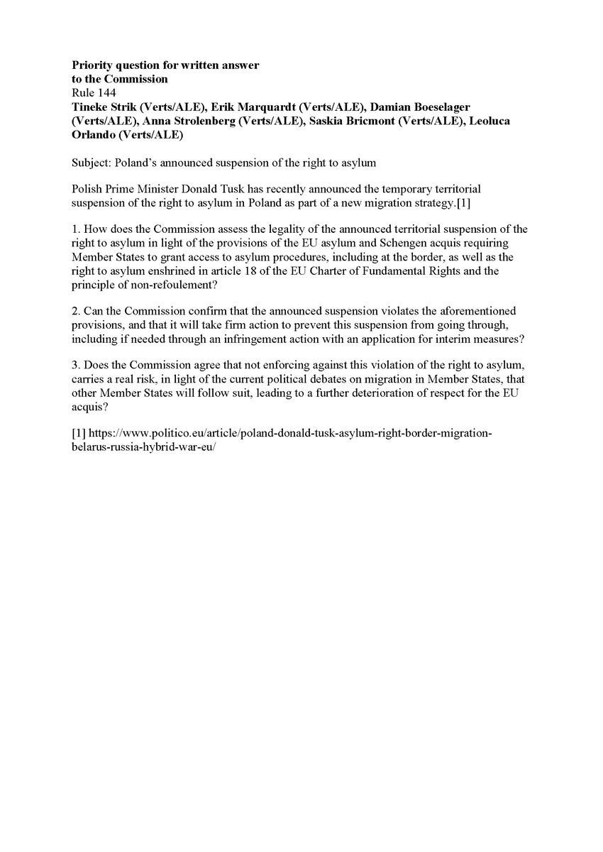 Poland's announced suspension of the right to asylum violates EU law &amp; endangers people who need protection.

If the EU lets this slide, more MS are bound to follow suit.

With <a href="/GreensEFA/">Greens/EFA in the EU Parliament 🌍</a> MEPs, I urge the <a href="/EU_Commission/">European Commission</a> to stop this awful plan &amp; firmly uphold the right to asylum.