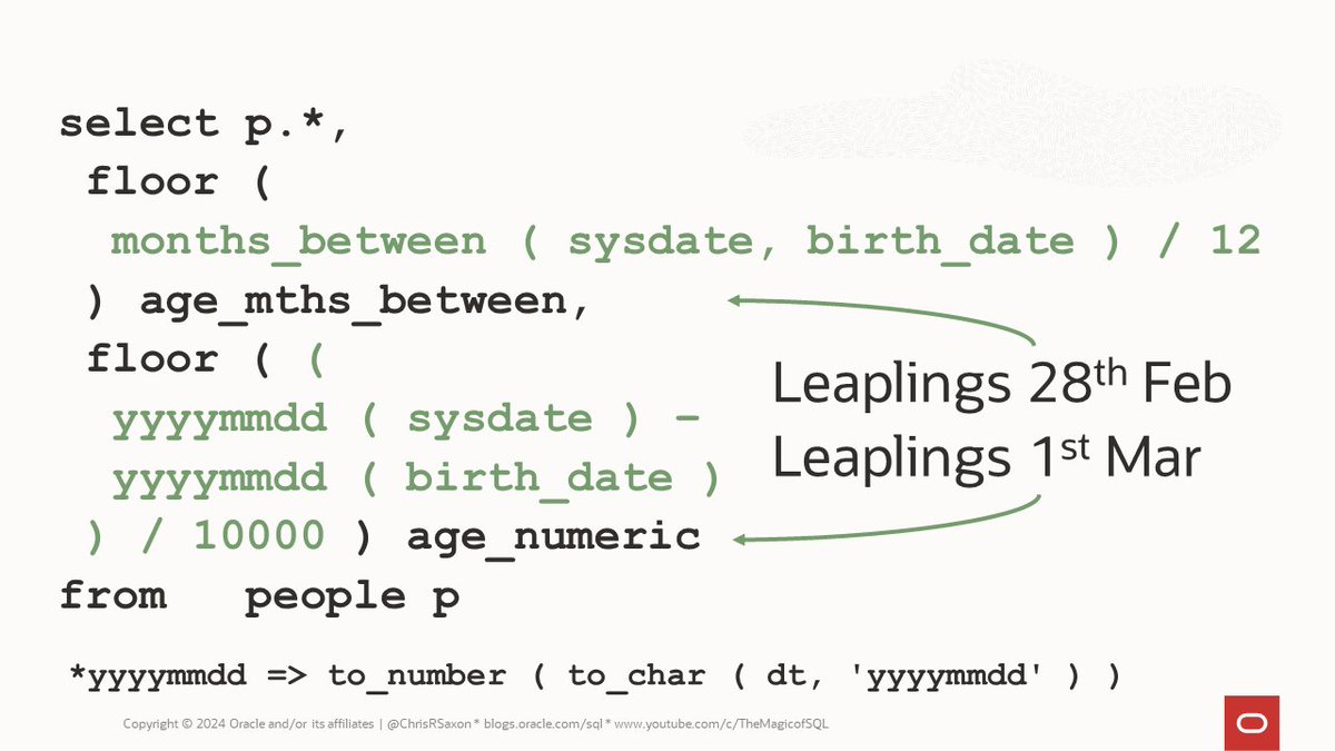 There are many ways you can compute ages with #SQL

But beware

These can give different results for people born on 29th Feb in non-leap years!

To celebrate #JoelKallmanDay &amp; SQL being 50 I've looked into ways to calculate ages and find birthdays

blogs.oracle.com/sql/post/calcu…