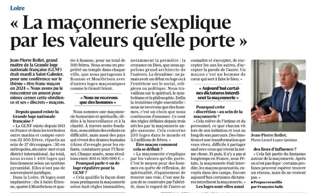 Ce matin, dans l'édition de la Loire du journal Le Progrès : découvrez l'interview exclusive du Grand Maître !

#GLNF #grandmaître #interview #francmaçonnerie