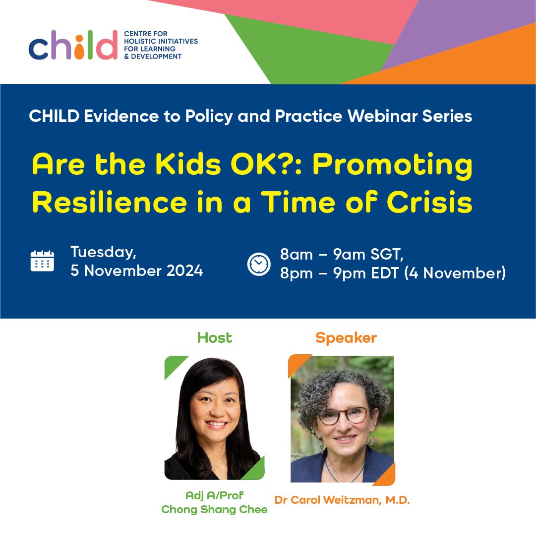 CHILD (@thechildsg) on Twitter photo Join Dr. Carol Weitzman, M.D., as she discusses children's emotional resilience post-COVID-19, covering global trends, mental well-being threats, and evidence-based interventions. 
Register for the webinar:
nus-sg.zoom.us/webinar/regist… Join Dr. Carol Weitzman, M.D., as she discusses children's emotional resilience post-COVID-19, covering global trends, mental well-being threats, and evidence-based interventions. 
Register for the webinar:
nus-sg.zoom.us/webinar/regist…