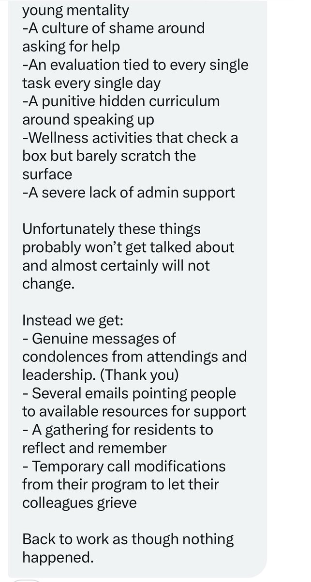 A resident doctor died by suicide this past week where I previously trained. A friend who is a resident currently at the same university hospital reached out sharing some thoughts about the state of residency in Canada <a href="/ResidentDoctors/">Resident Doctors</a> <a href="/CMA_Docs/">Canadian Medical Association</a> #MedEd