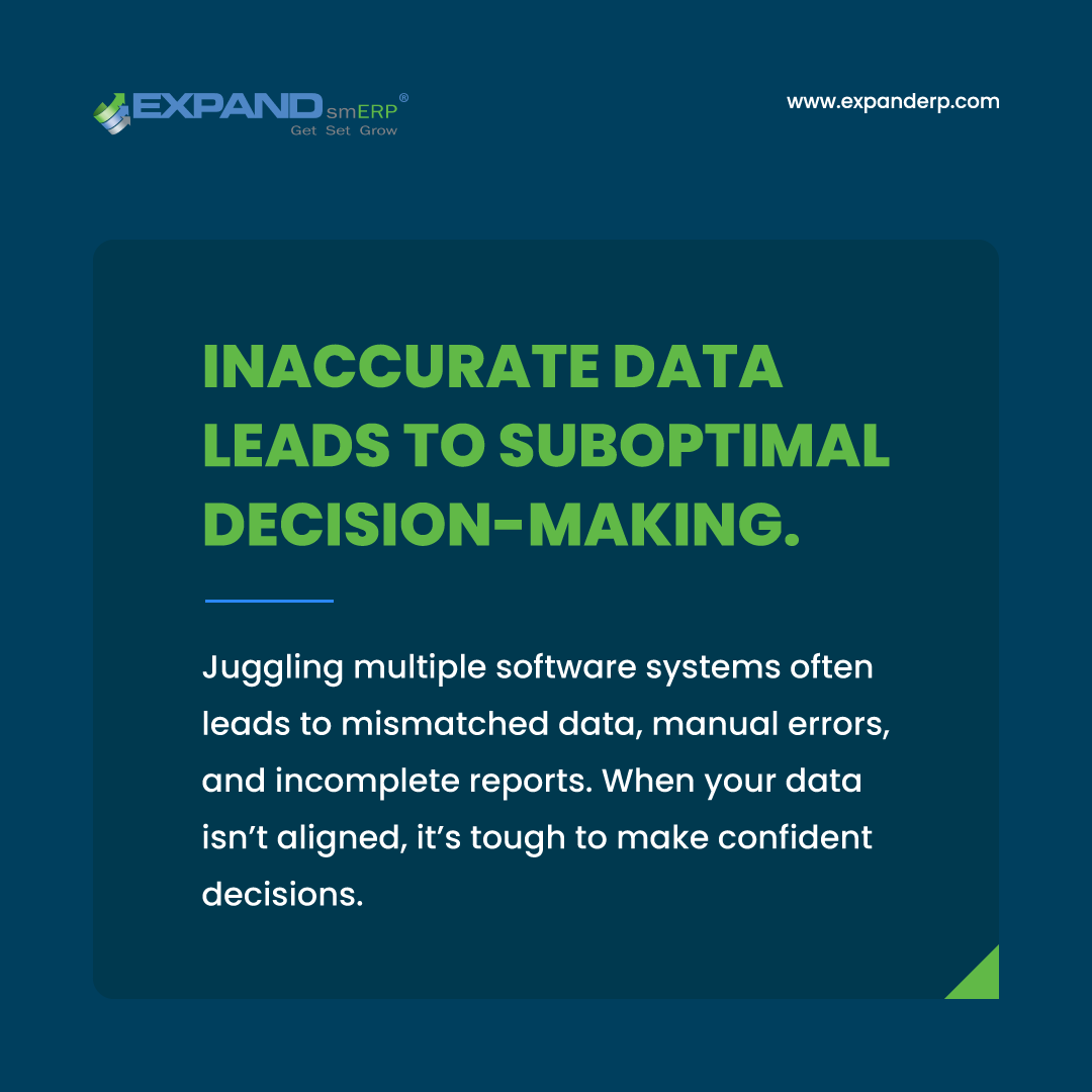 expanderp's tweet image. Struggling with mismatched data and manual errors from using multiple systems? It's time for a change. Get complete, accurate reports and make confident decisions with a unified solution like Expand smERP! 
#DataAlignment #AccurateReports #ExpandsmERP #SmarterDecisions