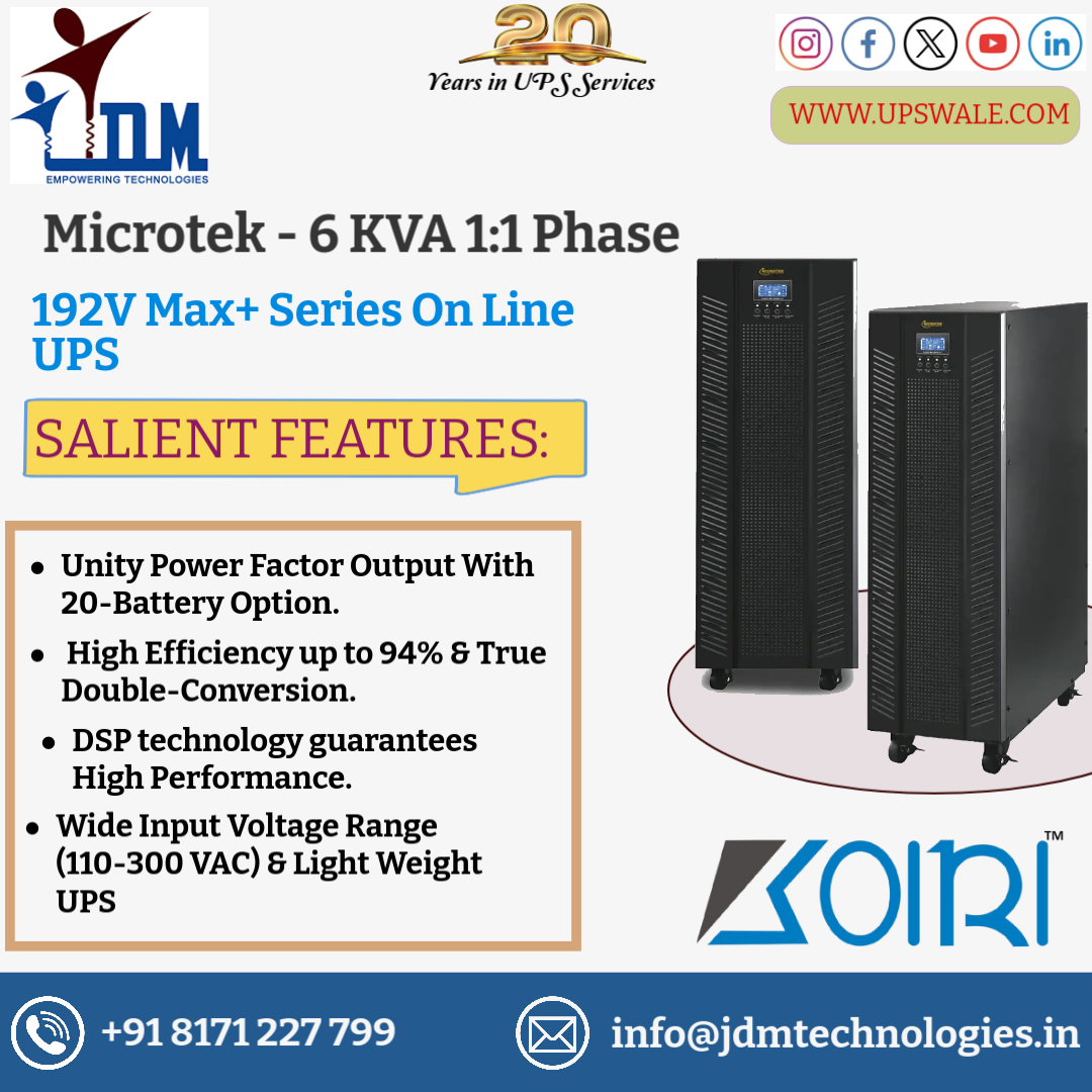 JdmPvt's tweet image. Microtek - 6 KVA 1:1 Phase 192V
Max+ Series On-Line UPS
Advantages of using Microtek Online UPS
Emergency Power Supply:
Provides Surgical Protection:
Battery Life Save:
#MICROTEKUPS #6kvaups #MaxPlus #singlephaseUPS #OnlineUPS
#ReliablePowerSupply #PowerBackup #SecurePower