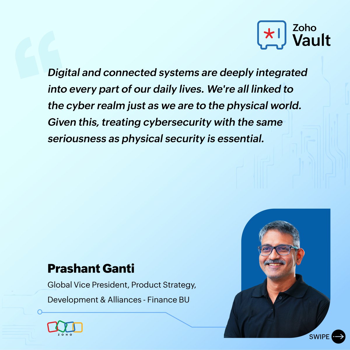 ZohoVault's tweet photo. Listen to @prashantganti, @Zoho's VP of Global Product Strategy, Development &amp; Alliances - Finance BU, as he discusses how to effectively protect your finances online in today’s interconnected world. 🔐

#CybersecurityAwarenessMonth #StaySafeOnline #SecureOurWorld https://t.co/vswmKtcMFt