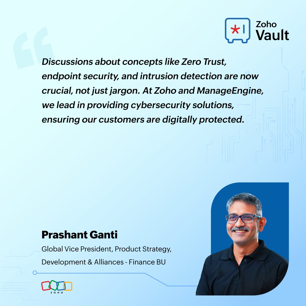 ZohoVault's tweet photo. Listen to @prashantganti, @Zoho's VP of Global Product Strategy, Development &amp; Alliances - Finance BU, as he discusses how to effectively protect your finances online in today’s interconnected world. 🔐

#CybersecurityAwarenessMonth #StaySafeOnline #SecureOurWorld https://t.co/vswmKtcMFt