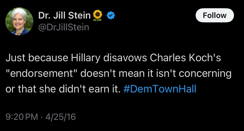 Pekka Kallioniemi (@p_kallioniemi) on Twitter photo Spoiler candidate <a href="/DrJillStein/">Dr. Jill Stein🌻</a> was just endorsed by the infamous Ku Klux Klan leader, David Duke. In 2016 and 2020, Duke endorsed Trump.
Stein "rejected" Duke's endorsement, but neatly forgot her funny tweet about Charles Koch endorsing Hillary in 2016. Spoiler candidate <a href="/DrJillStein/">Dr. Jill Stein🌻</a> was just endorsed by the infamous Ku Klux Klan leader, David Duke. In 2016 and 2020, Duke endorsed Trump.
Stein "rejected" Duke's endorsement, but neatly forgot her funny tweet about Charles Koch endorsing Hillary in 2016.