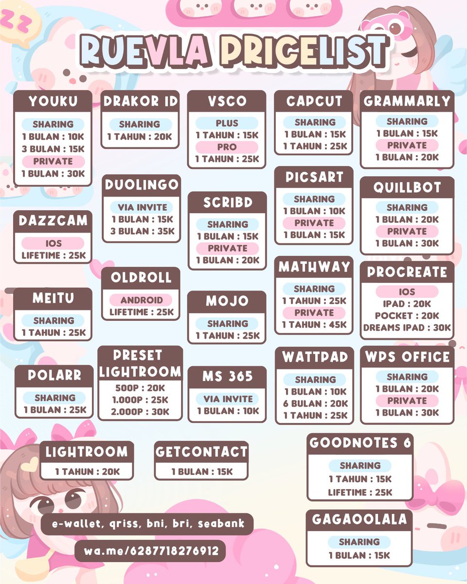 ૮ • ﻌ - ა — eits, lagi cari app premium murah &amp; trusted? 𝗸𝗲𝗱𝗮𝗶 𝗿𝘂𝗲𝘃𝗹𝗮 tempatnya! 🩷

app kamu bisa premium dengan harga mulai 𝟭𝗸, dengan proses cepat &amp; jaminan 100% garansi❕🎀

berminat?
🌷 ꒱ ⁦wa.me/6287718276912⁩ for fast response