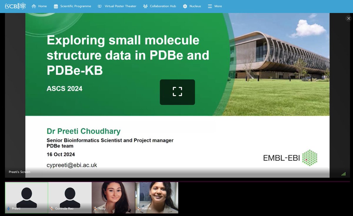 iscb_ascs's tweet photo. Session 2 of #ASCS24 Pre-symposium Workshop with Dr.Preeti from @PDBeurope is live 🖥️💻.
Join us as we dive in the structural world of Protein Data Bank and rob the treasure of knowledge with our amazing speaker and tutor.
#proteindatabank
#alphafold
#structuralbio
#compbio https://t.co/s7mtlWQA1G