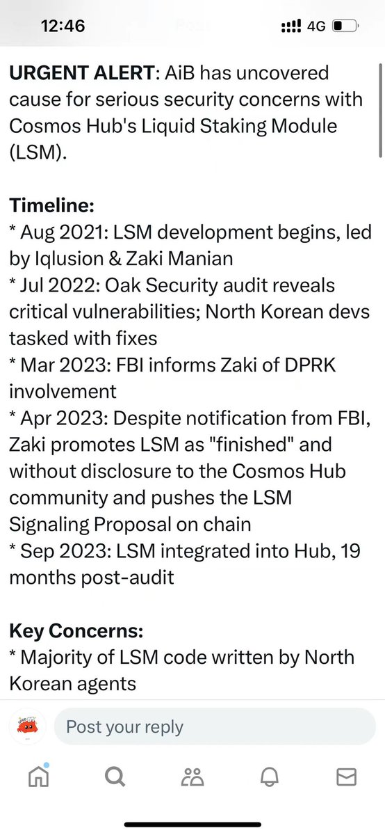 off_thetarget's tweet photo. Cosmos is having a big trouble rn..

cosmos架构最核心的一个质押模块竟然混入了朝鲜黑客 

连接IBC的是不是都会有影响？ 

比如TIA啥的 https://t.co/p3InQOWfo7