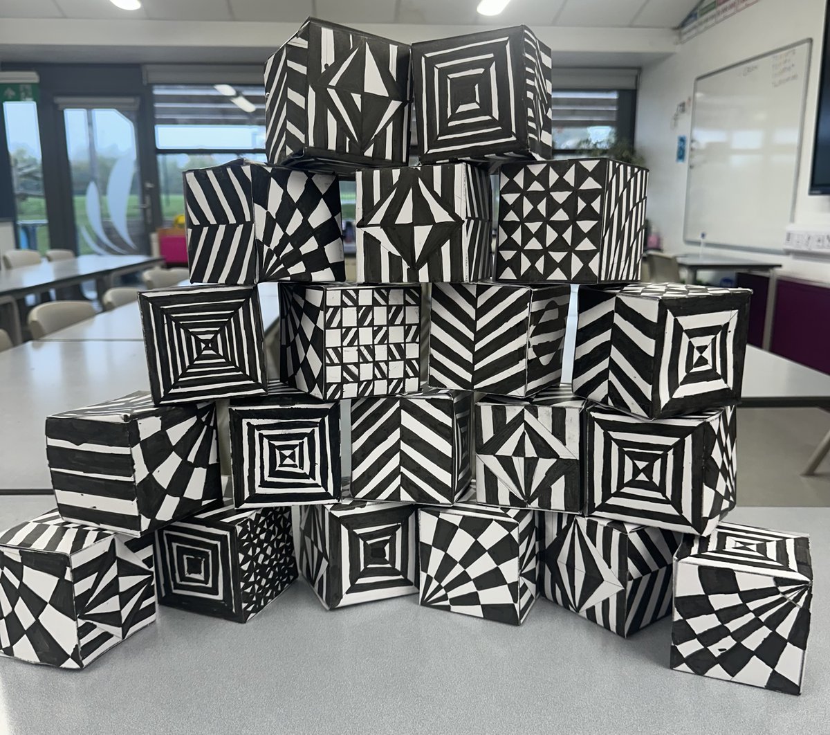 dixons_mb's tweet image. Year 6 have made Op Art cubes inspired by Bridget Riley #primaryart #opart #enjoyment #commitment #bridgetriley