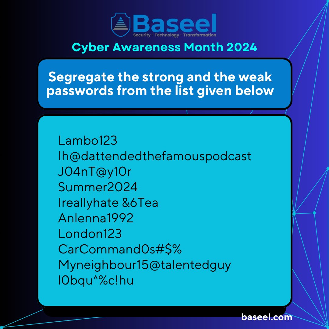 Baseelpartners's tweet image. 𝐂𝐲𝐛𝐞𝐫 𝐀𝐰𝐚𝐫𝐞𝐧𝐞𝐬𝐬 𝐌𝐨𝐧𝐭𝐡 𝟐𝟎𝟐𝟒
𝗦𝗲𝗴𝗿𝗲𝗴𝗮𝘁𝗲 𝘀𝘁𝗿𝗼𝗻𝗴 & 𝘄𝗲𝗮𝗸 𝗽𝗮𝘀𝘀𝘄𝗼𝗿𝗱𝘀 𝗼𝘂𝘁 𝗼𝗳 𝘁𝗵𝗲 𝗽𝗿𝗲𝘀𝗲𝗻𝘁𝗲𝗱 𝗹𝗶𝘀𝘁
#PasswordSecurity #SecurePasswords #PasswordProtection #StrongPasswords #PasswordSafety #PasswordManagement