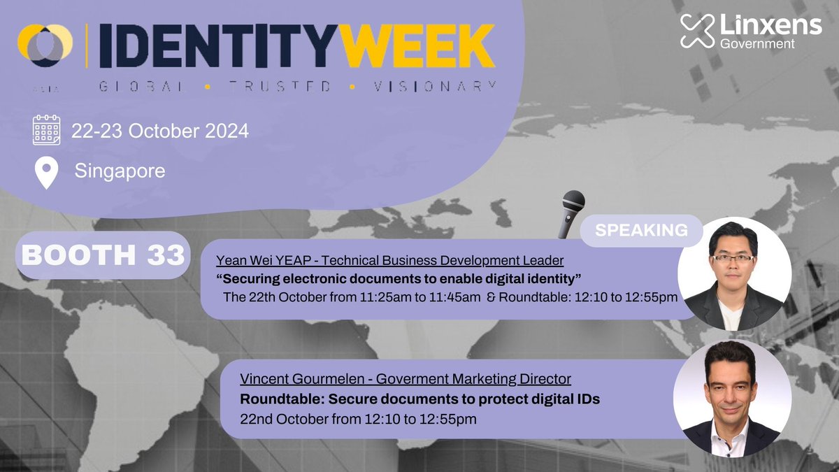Linxens experts will be at Identity Week Asia on Oct 22-23! Join us at Booth 33 to discover our cutting-edge solutions for secure ID documents. 🛡️ Don’t miss our experts talk on securing e-documents for digital identity on Oct 22. Let’s connect!
#IdentityWeekAsia #IDsecurity