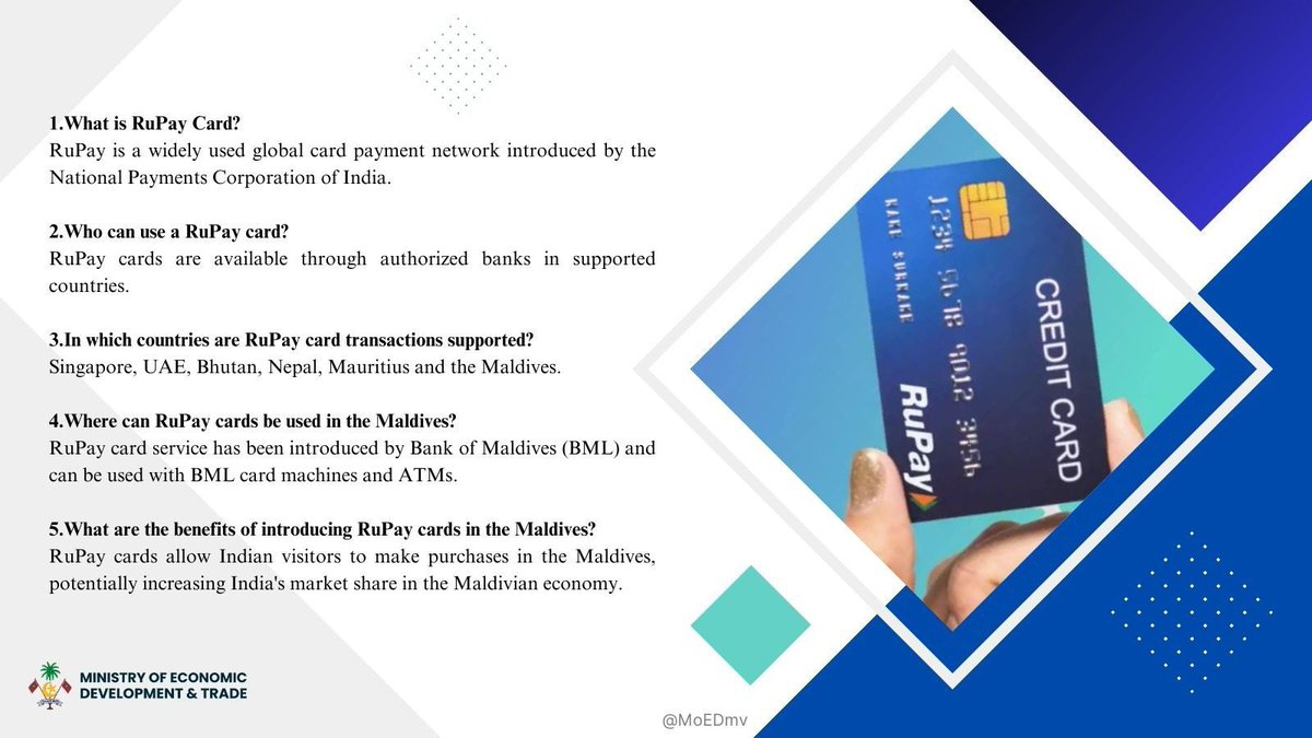 em_saeed's tweet photo. The RuPay card, introduced on Oct 7th, 2024 during HEP Dr. @MMuizzu’s state visit to India, marks a key steps in modernizing the Maldives financial sector. Here are some FAQs about the RuPay card. We are also gearing up our efforts to implement Local Currency Settlement soon https://t.co/R41yvxjNIc