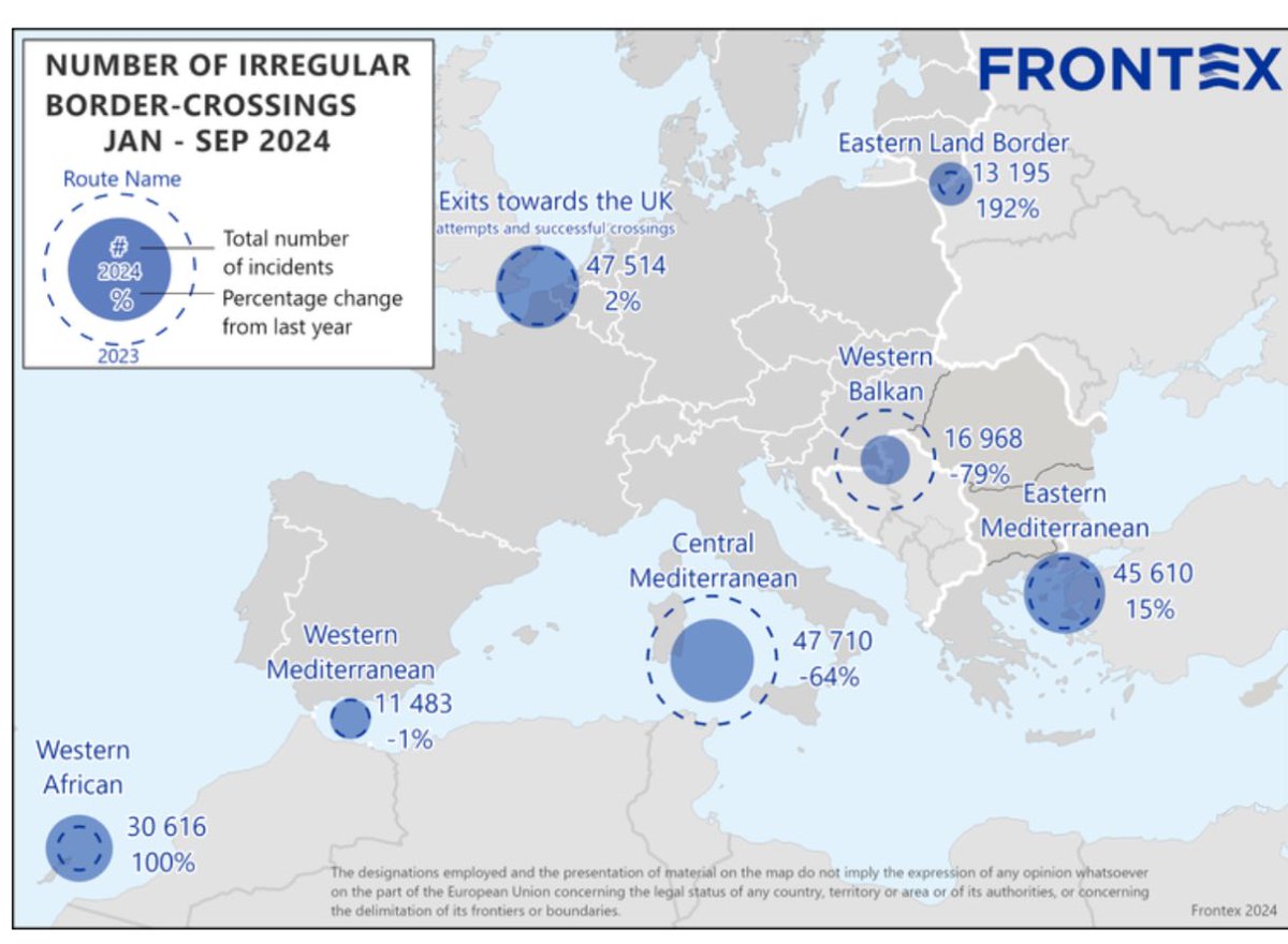 lykkefriis's tweet photo. EU’s grænseagentur Frontex har igår offentliggjort nye tal inden EU-topmøde. Generelt går tallene ned, men bemærk stigninger ved Polens grænse og de kanariske øer #eucu #eudk https://t.co/wrBl6BF6Dg https://t.co/gPXpu4HKHf
