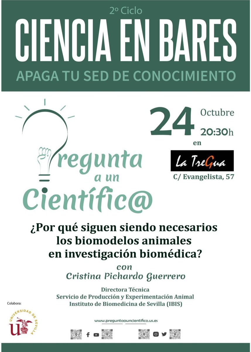 No os perdáis el jueves 24  en <a href="/LaTreGuaSevilla/">LaTreGuaSevilla</a> porque se sigue necesitando modelos animales de experimentacion para investigar en enfermedades con Cristina Pichardo del <a href="/ibis_sevilla/">IBiS</a> . La transparencia es fundamental en el trato de los animales. #divulgaus