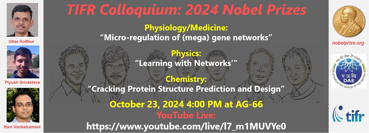 Jyotishman Dasgupta (@jd1278) on Twitter photo All are welcome to the 2024 Nobel Prize talks in NSF Wednesday Colloquium series! <a href="/UllasKolthur/">Ullas Kolthur</a>, Ravi Venkataramani and Piyush Srivastava are covering the laureates work! Join via YT link:
youtube.com/live/l7_m1MUVY…
23rd October 2024 at 4 PM IST <a href="/TIFRScience/">Tata Institute of Fundamental Research</a> <a href="/TIFR_Bio/">DBS TIFR</a> <a href="/tifr_alumni/">TIFR Alumni Association</a> All are welcome to the 2024 Nobel Prize talks in NSF Wednesday Colloquium series! <a href="/UllasKolthur/">Ullas Kolthur</a>, Ravi Venkataramani and Piyush Srivastava are covering the laureates work! Join via YT link:
youtube.com/live/l7_m1MUVY…
23rd October 2024 at 4 PM IST <a href="/TIFRScience/">Tata Institute of Fundamental Research</a> <a href="/TIFR_Bio/">DBS TIFR</a> <a href="/tifr_alumni/">TIFR Alumni Association</a>