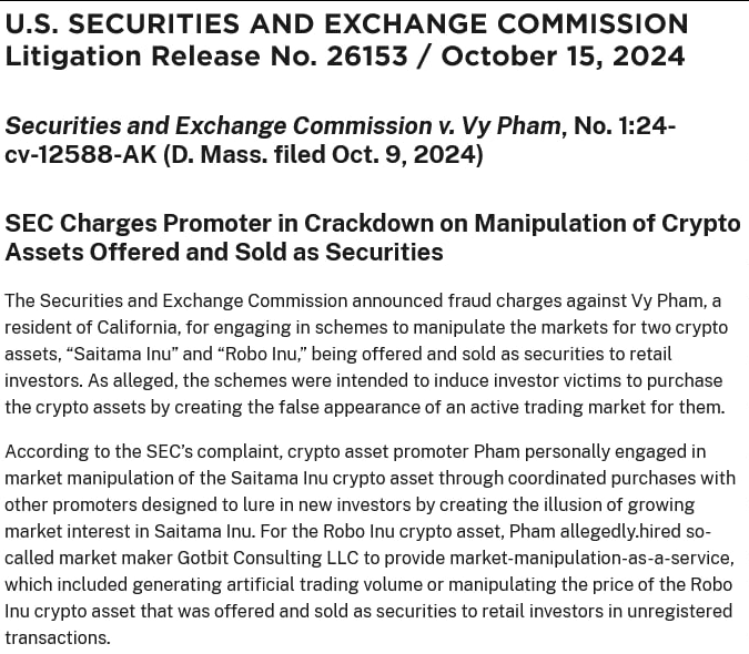 CryptooIndia's tweet photo. Just In: 🇺🇸SEC charges individual for manipulating memecoins Saitama Inu and Robo Inu https://t.co/5hkv2UZZjP