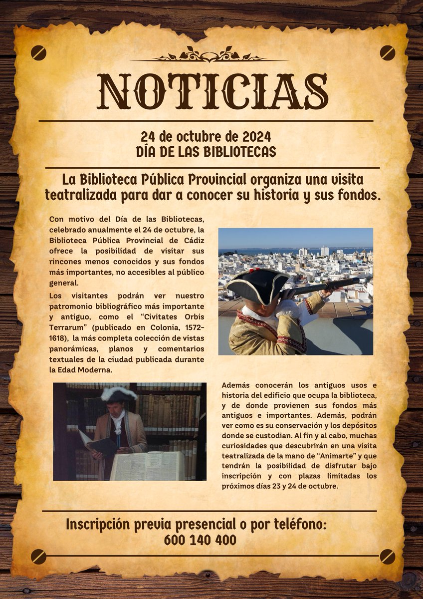 Abiertas inscripciones para la Visita Teatralizada a cargo de <a href="/AnimarteCadiz/">Animarte</a> Con motivo del #DiadelasBibliotecas haremos 2 pases: Día 23 y Día 24 de octubre a las 18:00 h.  ☎️ Llama al 600140400 para reservar