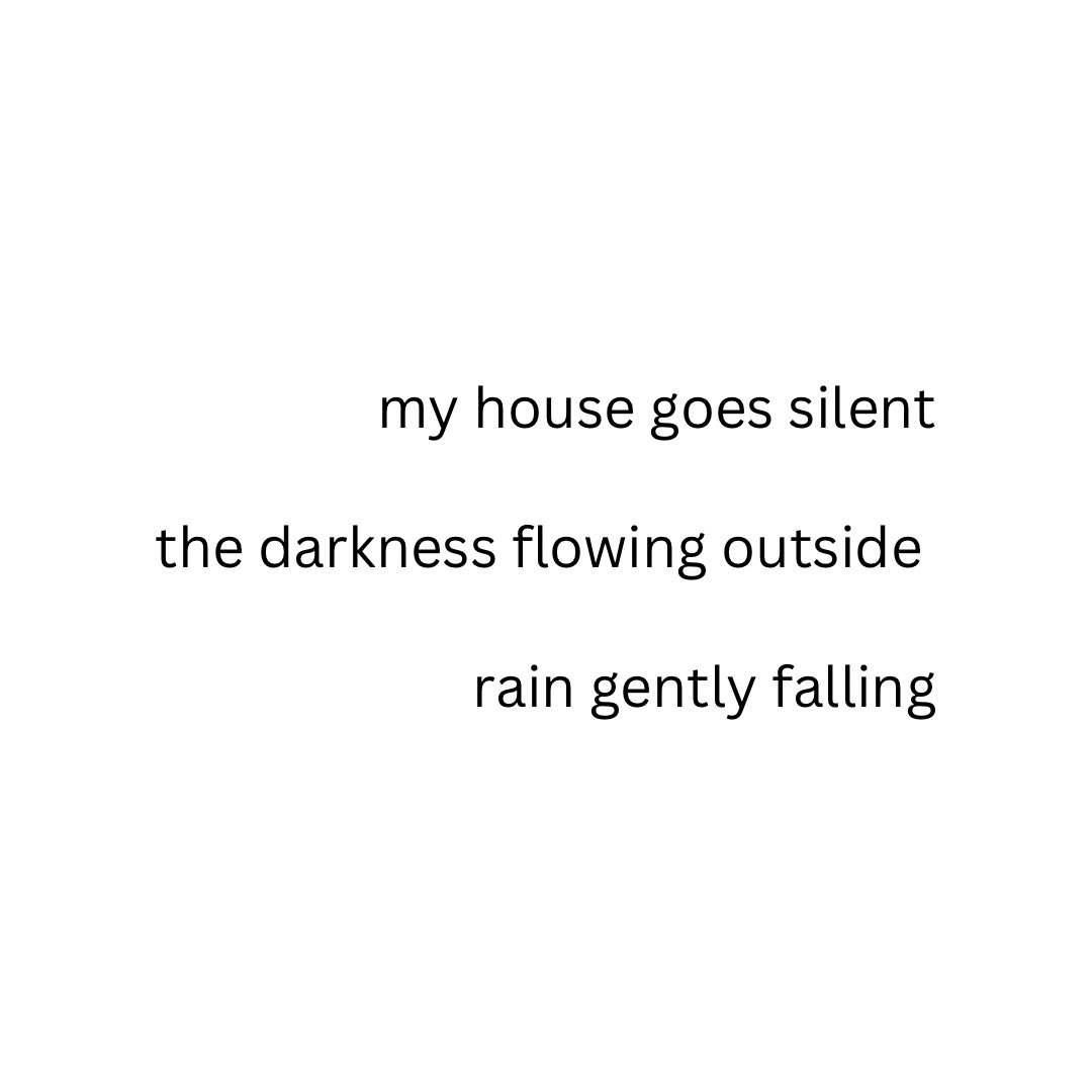my house goes silent
the darkness flowing outside
rain gently falling

#haiku #haikuofseattle #haikuchallenge