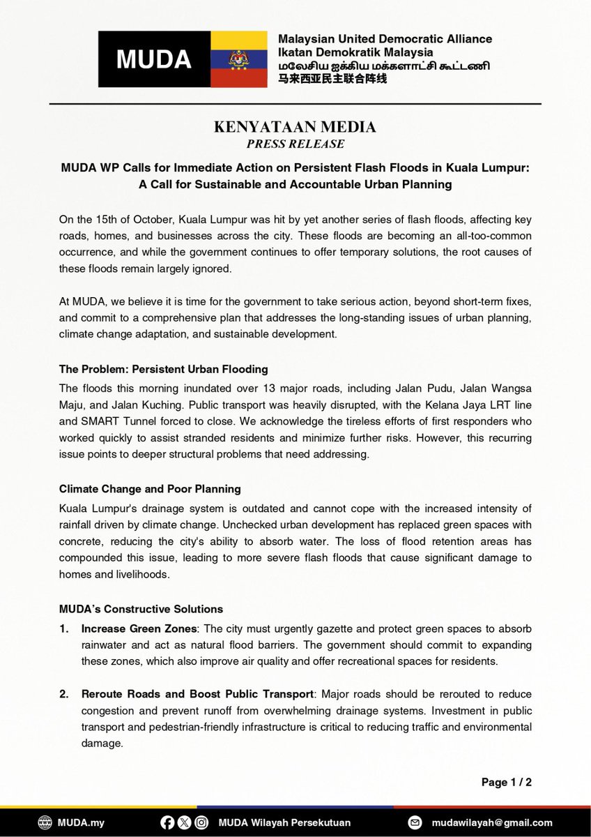 mudawilayah's tweet photo. Press Statement 

MUDA WP Calls for Immediate Action on Persistent Flash Floods in Kuala Lumpur:  A call for sustainable  and accountable Urban Planning 

16 October 2024 https://t.co/h9Jk1nIBFp