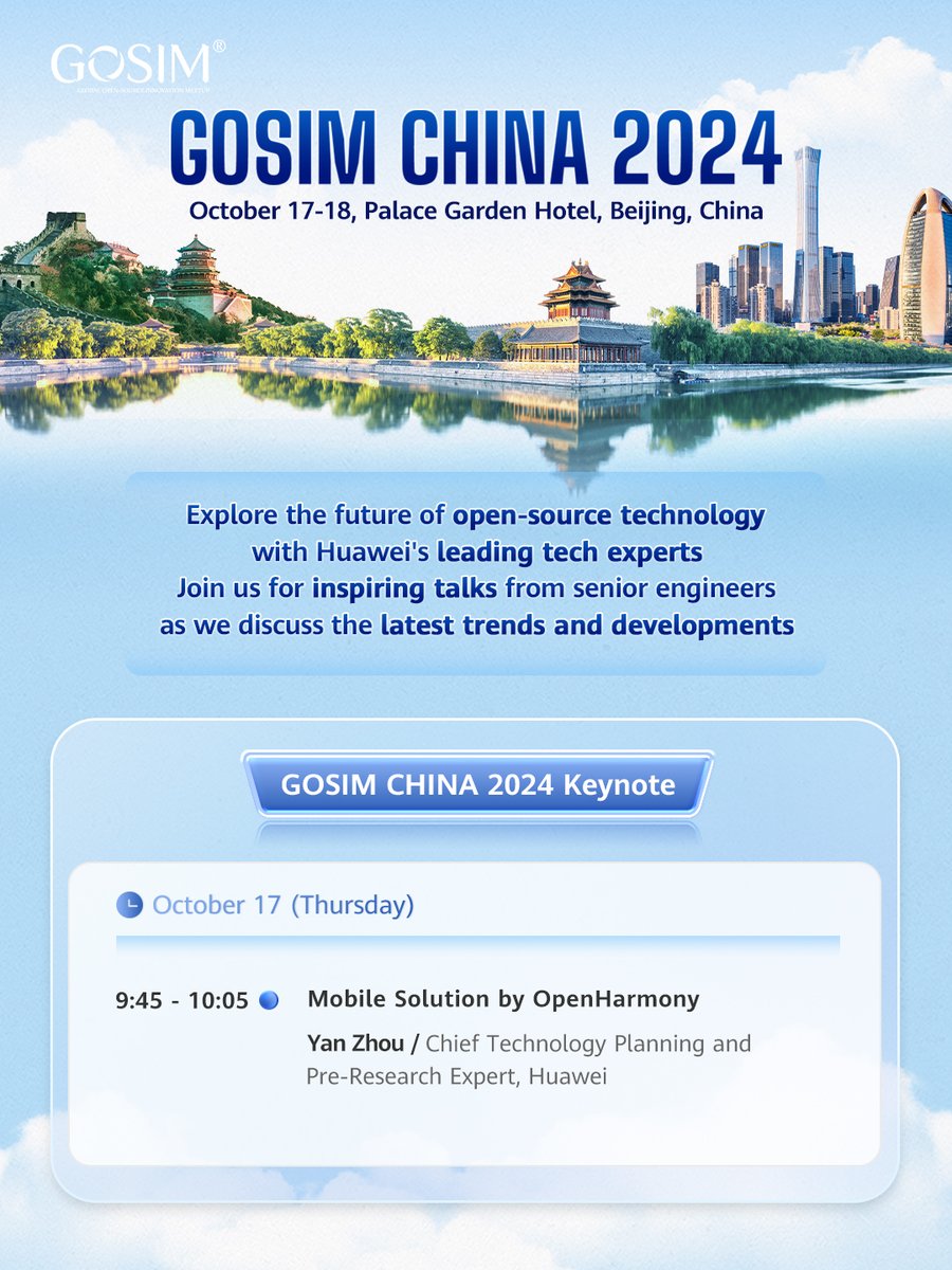 HWOpenSource's tweet image. 🔔 Excited to share our conference agenda for the upcoming #GOSIMCHINA 2024! Join us for inspiring keynote speeches and an in-depth exploration of #opensource technology trends, strategies, governance, and practices. Explore more: china2024.gosim.org #HuaweiOpenSource…